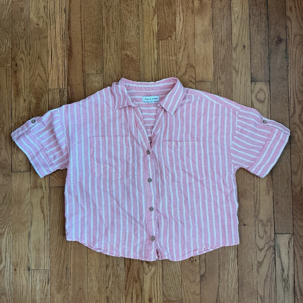 Alex & Jordan Womens Button-Up Shirt M Pink/White Striped Short Sleeve Collared